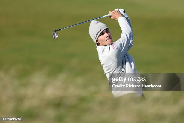 Rasmus Hojgaard of Denmark plays their second shot on the 13th hole on Day Four of the Alfred Dunhill Links Championship on the Old Course St....