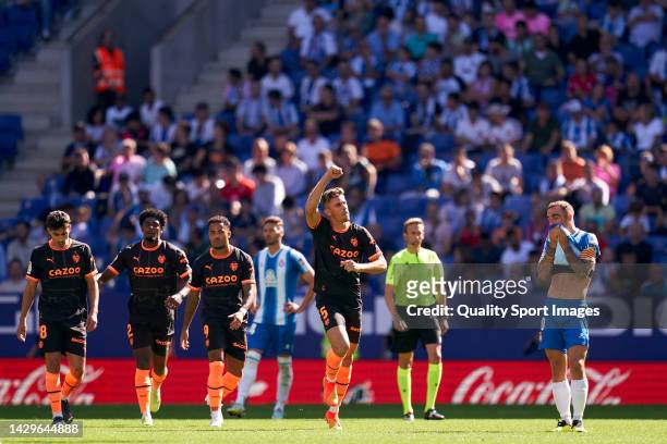 Gabriel Paulista of Valencia CF celebrates after scoring his team's first goal during the LaLiga Santander match between RCD Espanyol and Valencia CF...