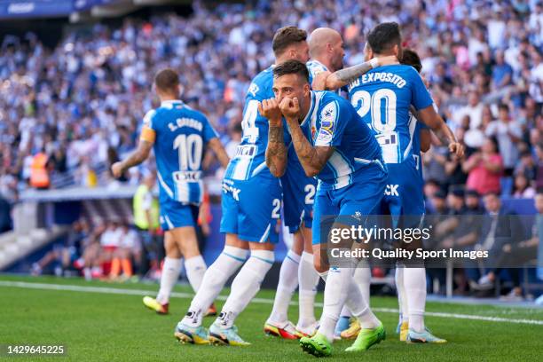 Joselu Mato of RCD Espanyol celebrates after scoring his team's first goal during the LaLiga Santander match between RCD Espanyol and Valencia CF at...