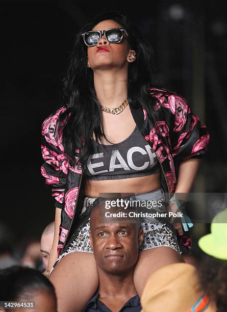 Singer Rihanna in the audience during day 3 of the 2012 Coachella Valley Music & Arts Festival at the Empire Polo Field on April 15, 2012 in Indio,...