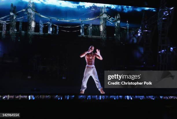 Hologram of deceased rapper Tupac Shakur performs onstage during day 3 of the 2012 Coachella Valley Music & Arts Festival at the Empire Polo Field on...