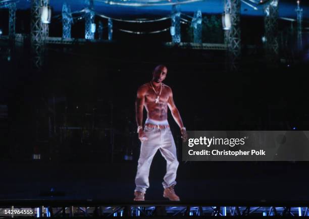 Hologram of deceased rapper Tupac Shakur performs onstage during day 3 of the 2012 Coachella Valley Music & Arts Festival at the Empire Polo Field on...