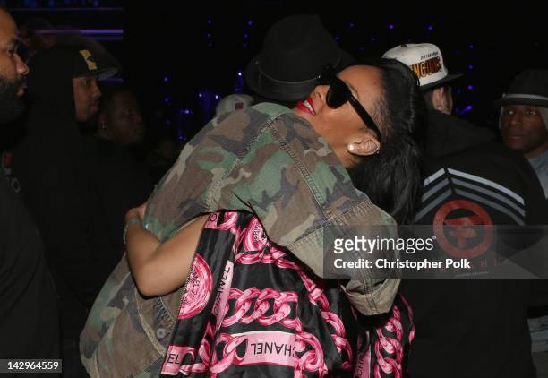 Rapper Wiz Khalifa and singer Rihanna in the audience during day 3 of the 2012 Coachella Valley Music & Arts Festival at the Empire Polo Field on...