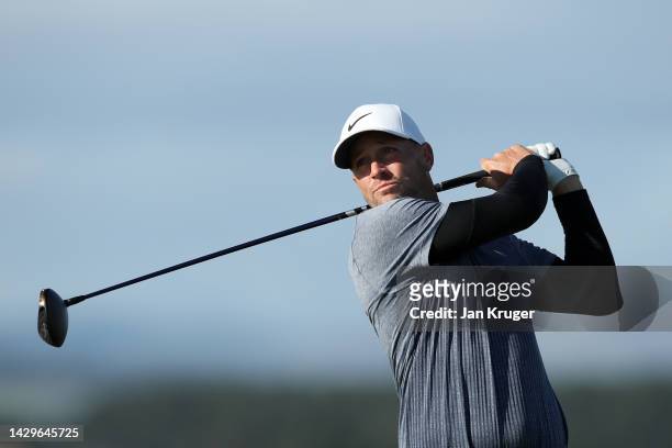 Alex Noren of Sweden tees off on the 12th hole on Day Four of the Alfred Dunhill Links Championship on the Old Course St. Andrews on October 02, 2022...