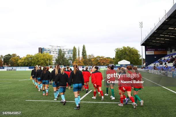 Coventry United and Southampton players enter the pitch prior to the FA Women's Continental Tyres League Cup match between Coventry United Ladies and...