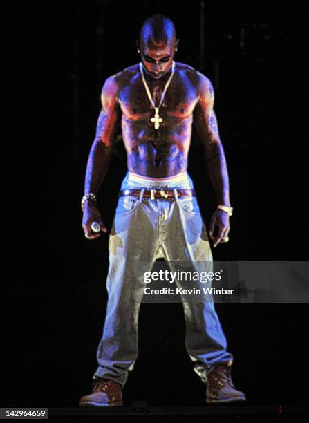 Holographic image of Tupac Shakur is seen performing during day 3 of the 2012 Coachella Valley Music & Arts Festival at the Empire Polo Field on...