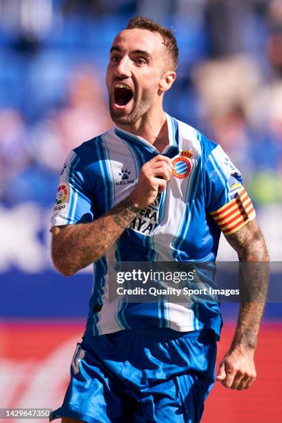 Sergi Darder of RCD Espanyol celebrates after scoring his team's second goal during the LaLiga Santander match between RCD Espanyol and Valencia CF...