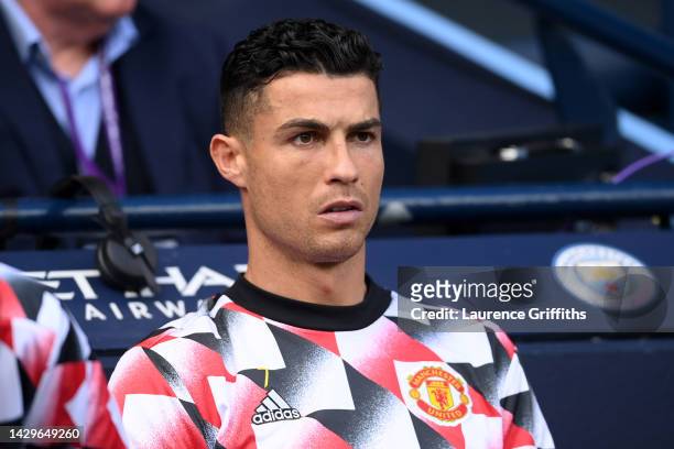Cristiano Ronaldo of Manchester United looks on during the Premier League match between Manchester City and Manchester United at Etihad Stadium on...