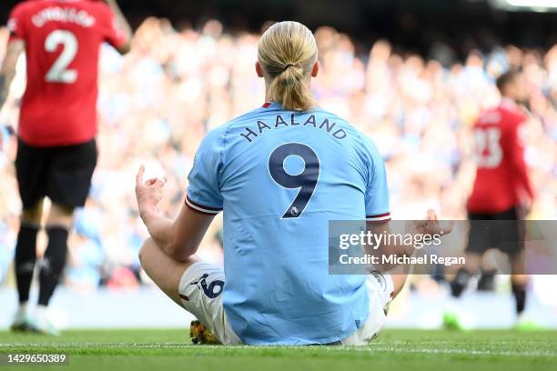 Erling Haaland of Manchester City celebrates their sides fifth goal and their hat trick during the Premier League match between Manchester City and...