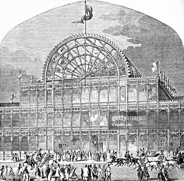 stockillustraties, clipart, cartoons en iconen met crystal palace exhibition, london 1851, southern entrance to the transept - great exhibition 1851