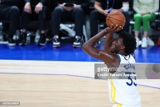 James Wiseman of the Golden State Warriors shoots a free throw during the NBA Japan Games between the Washington Wizards and the Golden State...