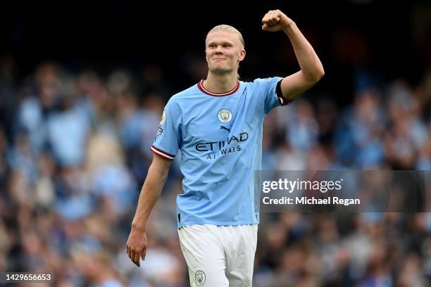 Erling Haaland of Manchester City celebrates following the Premier League match between Manchester City and Manchester United at Etihad Stadium on...