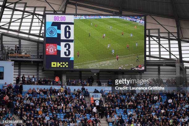 Detailed view of the LED Screen inside of the stadium displaying the score 6-3 to Manchester City during the Premier League match between Manchester...