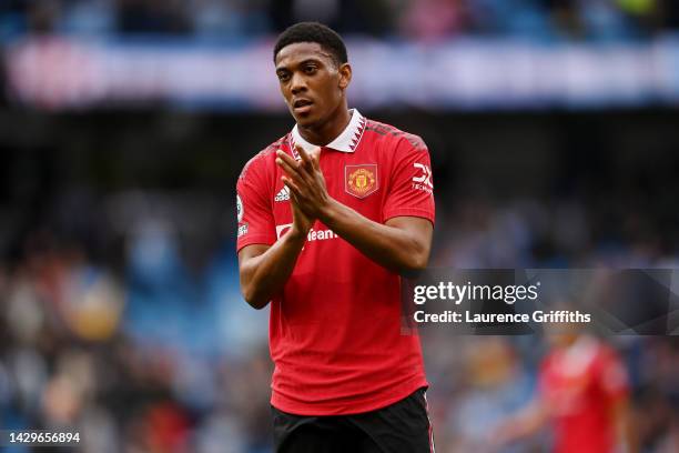 Anthony Martial of Manchester United interacts with the crowd following the Premier League match between Manchester City and Manchester United at...