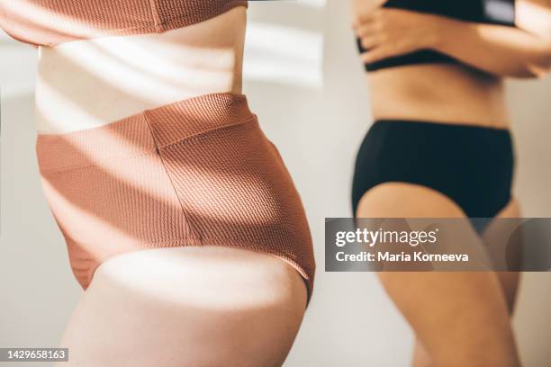 two females in lingerie with different body shape. - human build stock pictures, royalty-free photos & images