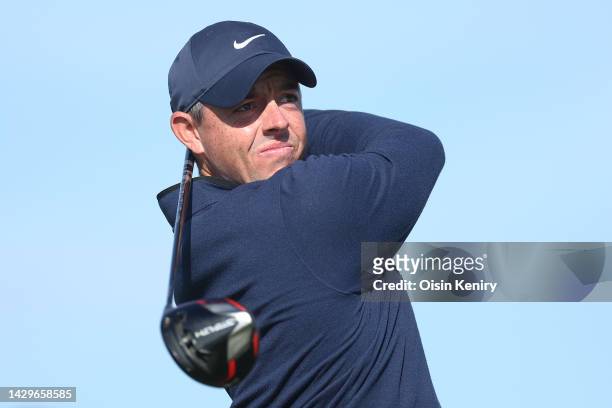 Rory McIlroy of Northern Ireland tees off on the 9th hole on Day Four of the Alfred Dunhill Links Championship on the Old Course St. Andrews on...