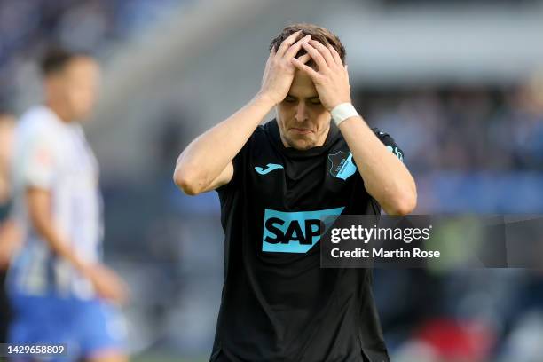 Christoph Baumgartner of TSG 1899 Hoffenheim reacts after a missed chance during the Bundesliga match between Hertha BSC and TSG Hoffenheim at...