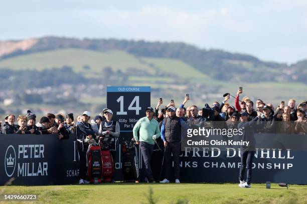 Rory McIlroy of Northern Ireland tees off on the 14th hole on Day Four of the Alfred Dunhill Links Championship on the Old Course St. Andrews on...