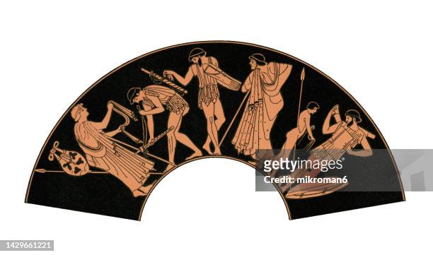 old engraved illustration of ornamental made on ancient greek pottery - oude griekenland stockfoto's en -beelden