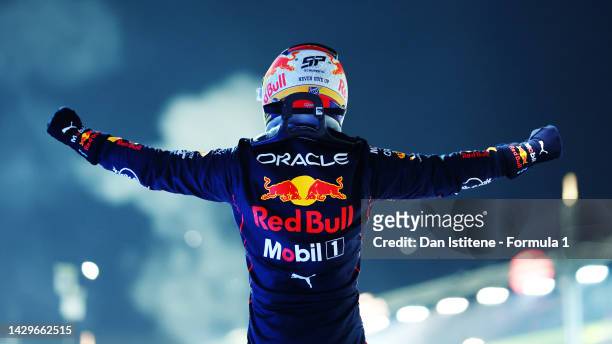 Race winner Sergio Perez of Mexico and Oracle Red Bull Racing celebrates in parc ferme during the F1 Grand Prix of Singapore at Marina Bay Street...