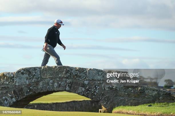 Ryan Fox of New Zealand walks over the Swilcan Bridge on the 18th hole on Day Four of the Alfred Dunhill Links Championship on the Old Course St....