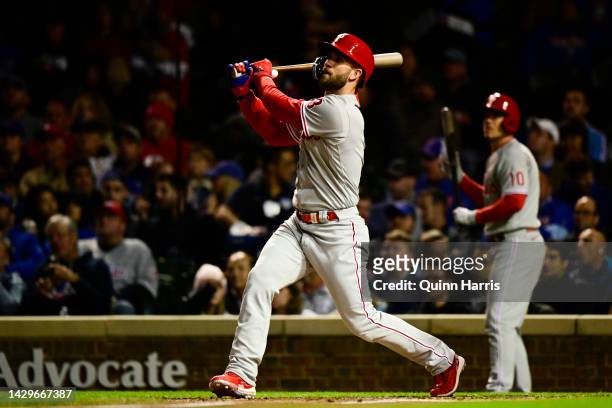Bryce Harper of the Philadelphia Phillies bats against the Chicago Cubs at Wrigley Field on September 28, 2022 in Chicago, Illinois.