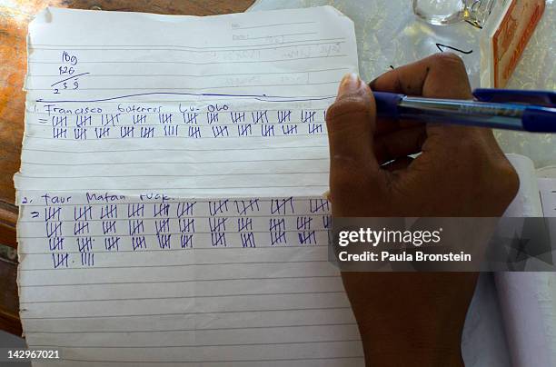 An election worker marks papers with each vote as the counting continues in the run-off Presidential elections on April 16, 2012 in Dili, East Timor....