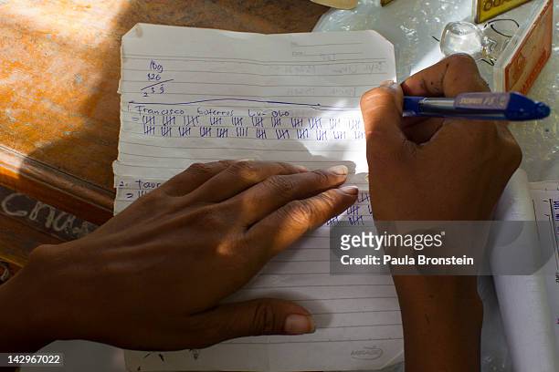 An election worker marks papers with each vote as the counting continues in the run-off Presidential elections on April 16, 2012 in Dili, East Timor....