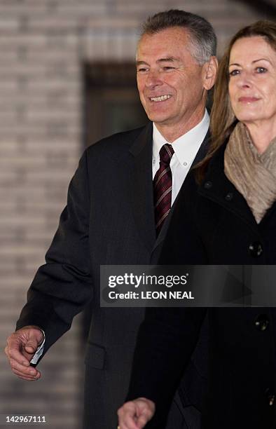 British businessman Bruce Hall leaves Southwark Crown Court in central London on April 16, 2012 after appearing in an ongoing 700-million-GPB bribery...