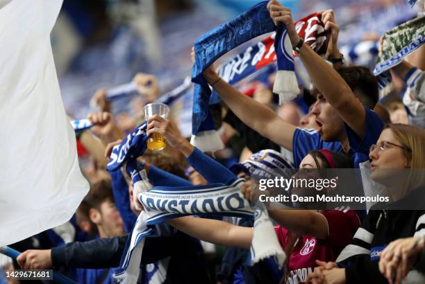 Fans of FC Schalke 04 react in the crowd during the Bundesliga match between FC Schalke 04 and FC Augsburg at Veltins-Arena on October 02, 2022 in...