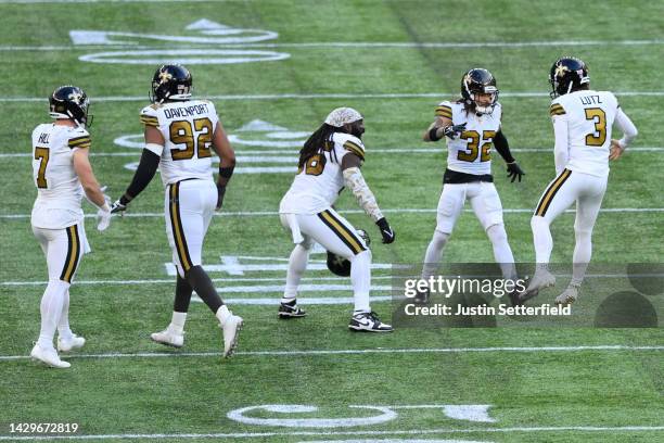 Wil Lutz of the New Orleans Saints celebrates after kicking a 60 yard field goal in the fourth quarter during the NFL match between Minnesota Vikings...