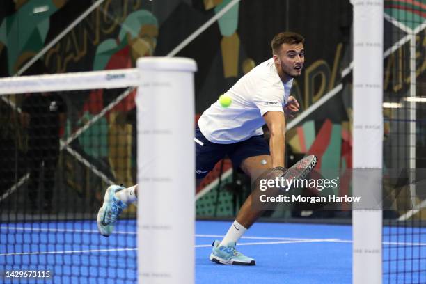 Louie Harris of Great Britain in action with his doubles partner Richard Brooks of Great Britain during day three of the XVI World Padel...