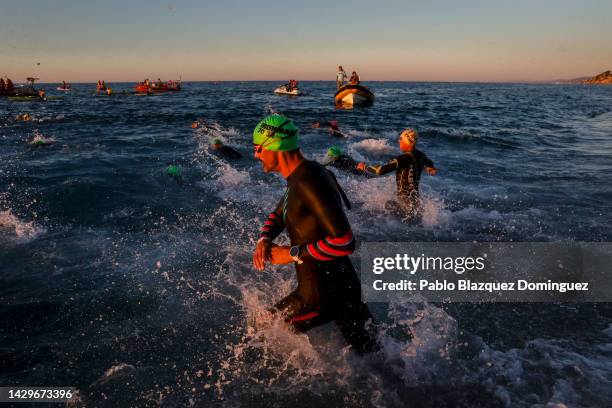 Athletes compete during the swim leg of IRONMAN 70.3 Barcelona on October 02, 2022 in Calella, near Barcelona, Spain.