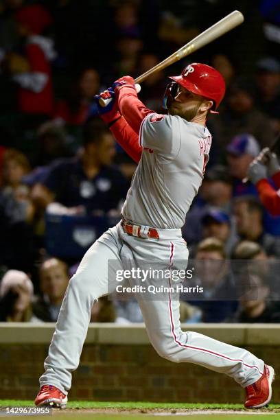 Bryce Harper of the Philadelphia Phillies bats against the Chicago Cubs at Wrigley Field on September 28, 2022 in Chicago, Illinois.