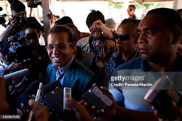 Taur Matan Ruak speaks to the press during the second round of the Presidential elections on April 16, 2012 in Dili, East Timor. The second round...
