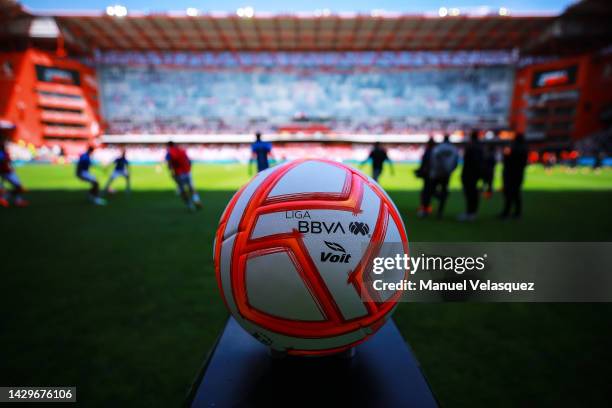 Liga MX official ball is displayed prior the 17th round match between Toluca and Queretaro as part of the Torneo Apertura 2022 Liga MX at Nemesio...