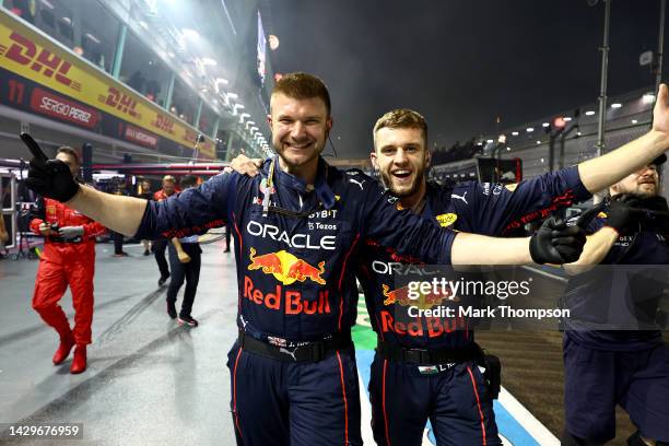 Red Bull Racing team members celebrate the race win of Sergio Perez of Mexico and Oracle Red Bull Racing during the F1 Grand Prix of Singapore at...