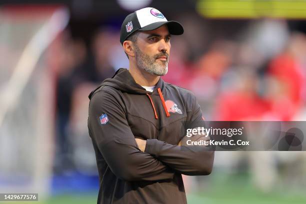 Head coach Kevin Stefanski of the Cleveland Browns looks on during warmups before the game against the Atlanta Falcons at Mercedes-Benz Stadium on...