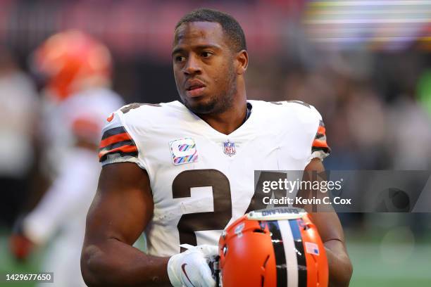 Nick Chubb of the Cleveland Browns looks on during warmups before the game against the Atlanta Falcons at Mercedes-Benz Stadium on October 02, 2022...