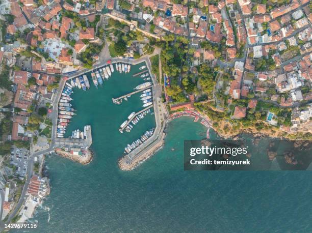 aerial view of antalya marina and old town - antalya city stockfoto's en -beelden