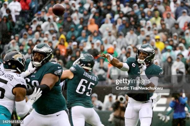 Jalen Hurts of the Philadelphia Eagles attempts a pass during the first half against the Jacksonville Jaguars at Lincoln Financial Field on October...