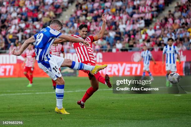 Alexander Sorloth of Real Sociedad scores their second side goal for Real Sociedad during the LaLiga Santander match between Girona FC and Real...