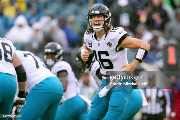 Trevor Lawrence of the Jacksonville Jaguars yells to his teammates during the first half against the Philadelphia Eagles at Lincoln Financial Field...