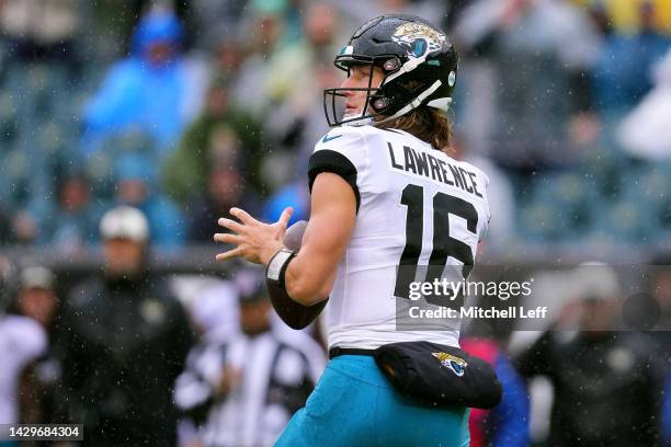 Trevor Lawrence of the Jacksonville Jaguars attempts a pass during the first half against the Philadelphia Eagles at Lincoln Financial Field on...