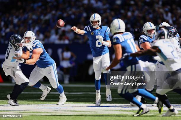 Matt Ryan of the Indianapolis Colts attempts a pass during the first half against the Tennessee Titans at Lucas Oil Stadium on October 02, 2022 in...