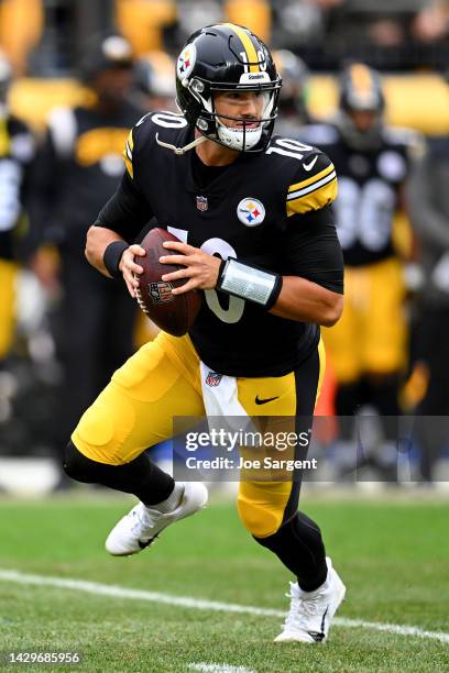 Mitch Trubisky of the Pittsburgh Steelers drops back to pass in the first quarter against the New York Jets at Acrisure Stadium on October 02, 2022...