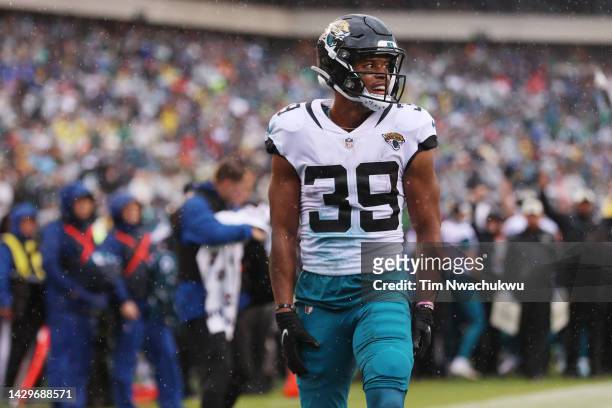Jamal Agnew of the Jacksonville Jaguars reacts after scorings a touchdown during the first quarter against the Philadelphia Eagles at Lincoln...