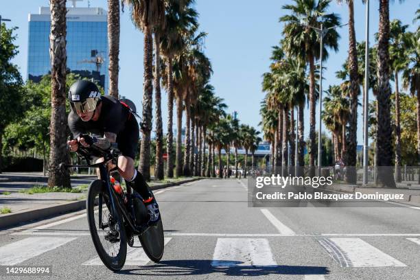 An athlete competes during the bike leg of IRONMAN Barcelona on October 02, 2022 in Calella, near Barcelona, Spain.