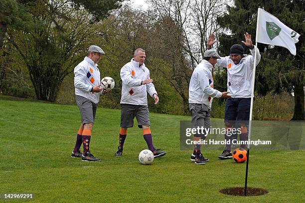 Christian Karembeu celebrates a goal with his team during the Golffoot Masters in Lausanne on April 16, 2012 in Lausanne, Switzerland. Played on a...