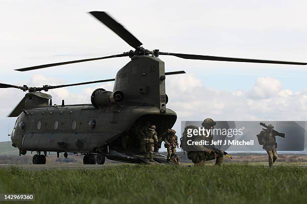 Soldiers from 16 Air Assault Brigade take part in Exercise Joint Warrior at West Freugh Airfield on April 16, 2012 in Starnraer, Scotland. The...